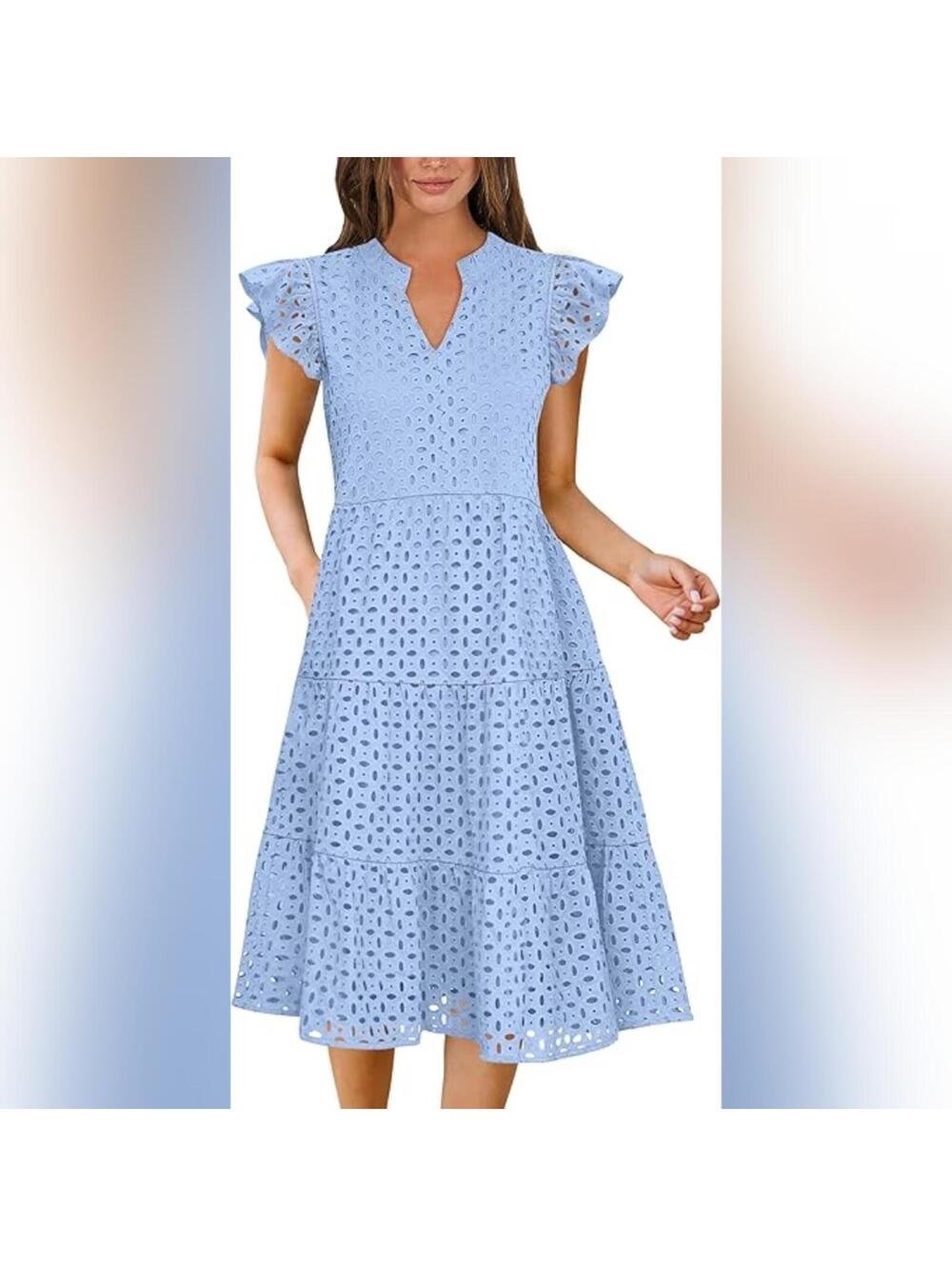 NWT ANRABESS Hollow Out Eyelet Ruffle Sleeve V Neck Flowy Midi Dress, S (4-6)